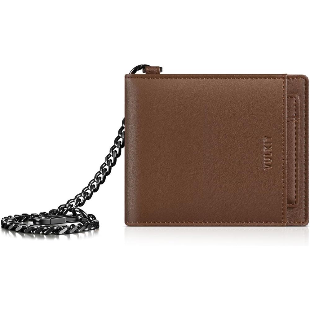 image:imageVULKIT Mens Chain Wallet PU Leather Bifold Biker Wallet with Chain Removable ID Holder AntiTheft Short Wallet Forest AlloyModern Cognac