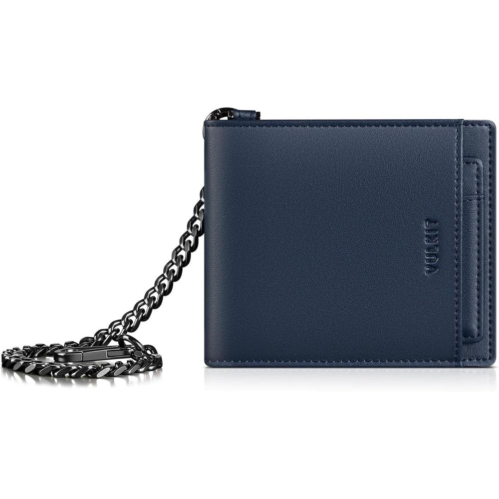 image:imageVULKIT Mens Chain Wallet PU Leather Bifold Biker Wallet with Chain Removable ID Holder AntiTheft Short Wallet Forest AlloyNavy Eclipse