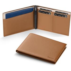 VULKIT Bilfold Passport Holder Leather RFID Blocking Passport Wallet with Hidden Pocket Slim Travel Documents Organizer for Men or Women (Passport, Card, Cash, Coin, SIM Card, Ticket)(Brown-Beige)