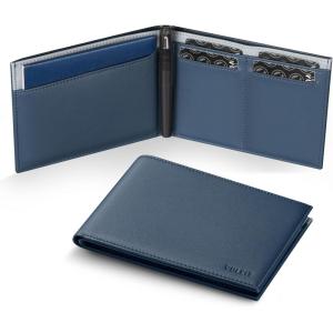 VULKIT Bilfold Passport Holder Leather RFID Blocking Passport Wallet with Hidden Pocket Slim Travel Documents Organizer for Men or Women (Passport, Card, Cash, Coin, SIM Card, Ticket)(Navy-Grey)