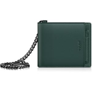 VULKIT Men’s Chain Wallet, PU Leather Bifold Biker Wallet with Chain, Removable ID Holder, Anti-Theft Short Wallet, Forest Alloy(Forest Alloy)