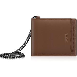 VULKIT Men’s Chain Wallet, PU Leather Bifold Biker Wallet with Chain, Removable ID Holder, Anti-Theft Short Wallet, Forest Alloy(Modern Cognac)