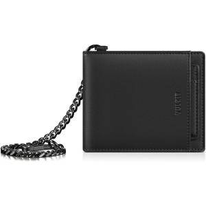 VULKIT Men’s Chain Wallet, PU Leather Bifold Biker Wallet with Chain, Removable ID Holder, Anti-Theft Short Wallet, Forest Alloy(Urban Black)