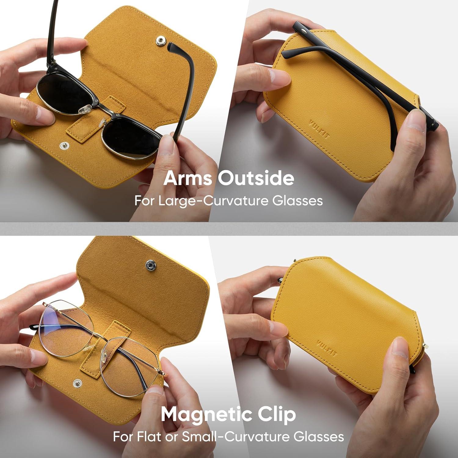 image:imageVULKIT Leather Glasses Case Ultra Slim Sunglasses Case 2 Fixed Modes Fits Most Eyeglasses amp Sun Glasses Minimalist DesignGolden Marigold