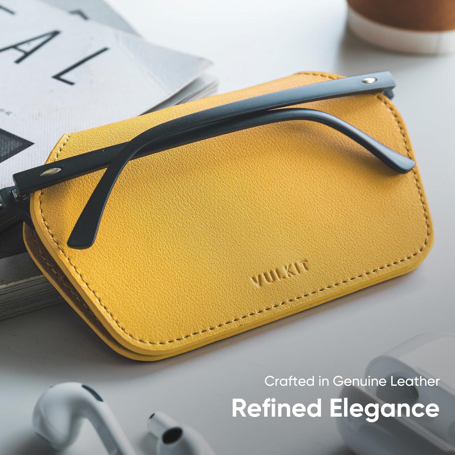 image:imageVULKIT Leather Glasses Case Ultra Slim Sunglasses Case 2 Fixed Modes Fits Most Eyeglasses amp Sun Glasses Minimalist DesignGolden Marigold