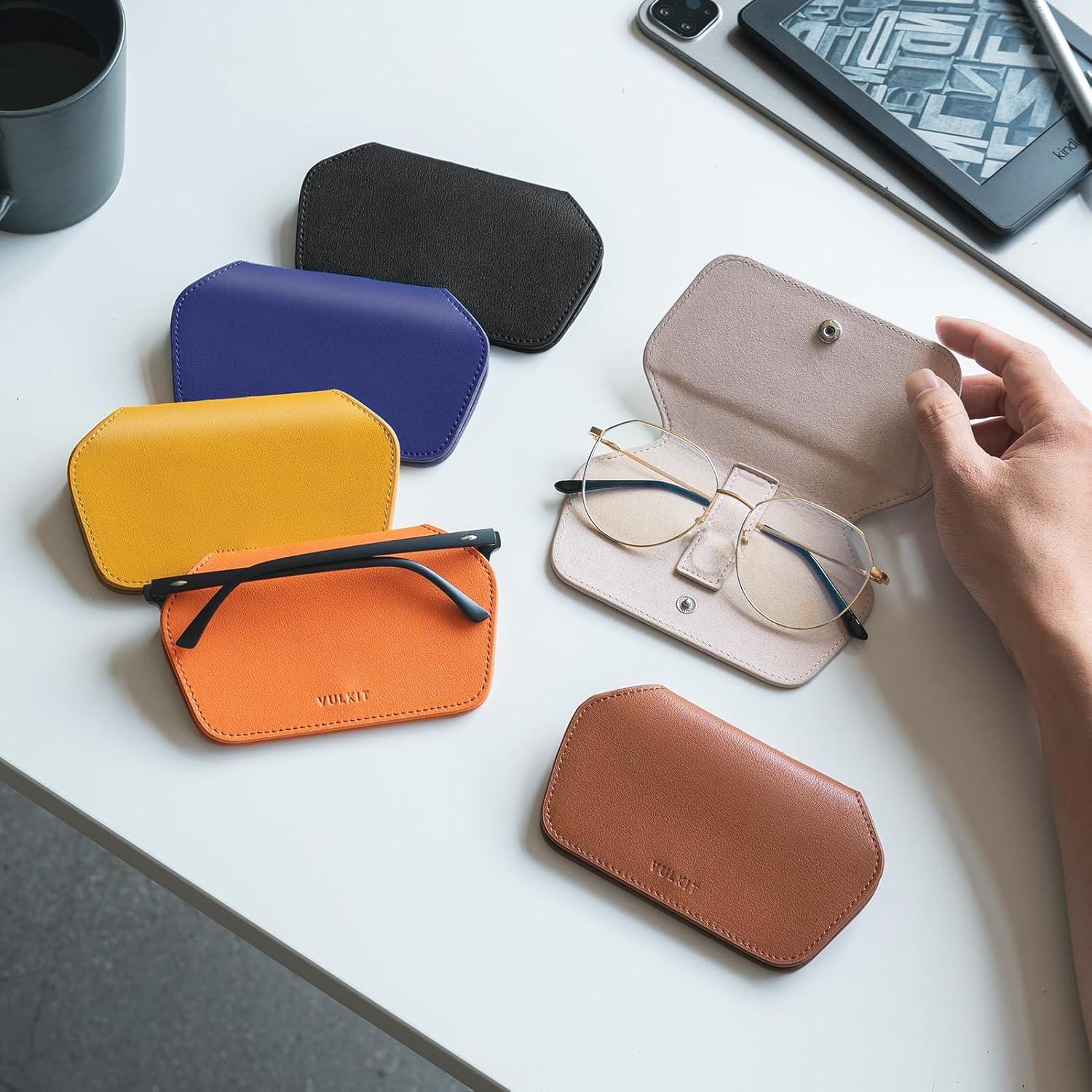 image:imageVULKIT Leather Glasses Case Ultra Slim Sunglasses Case 2 Fixed Modes Fits Most Eyeglasses amp Sun Glasses Minimalist DesignGolden Marigold