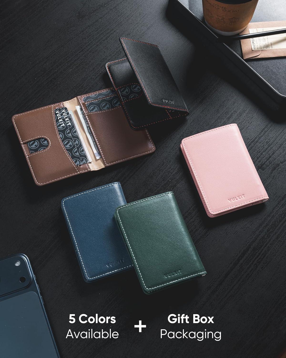 image:imageVULKIT Leather Slim Bifold Credit Card Holder for Max 8 Cards PinkBlack