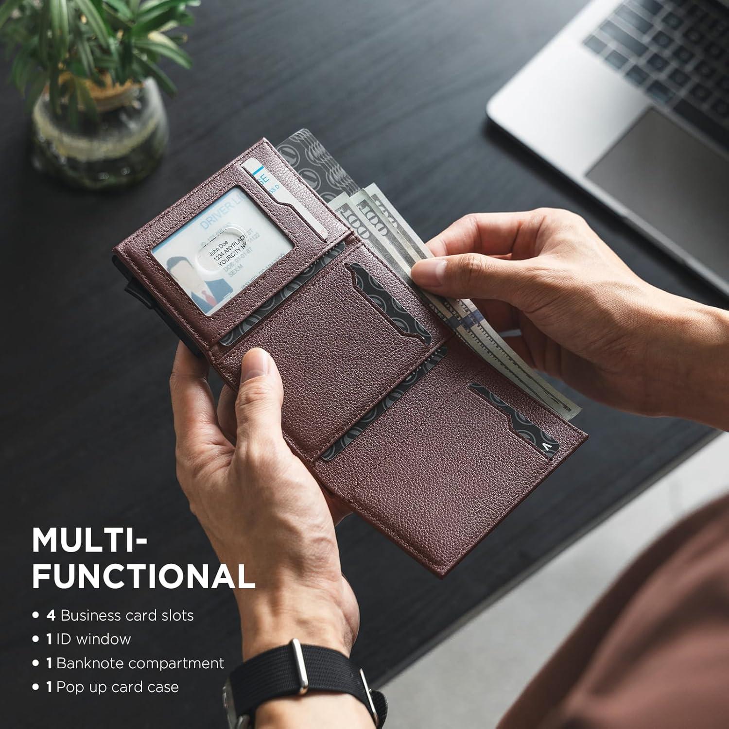 image:imageVULKIT Pop up Card Wallet Minimalist Cash Wallets RFID Blocking Leather Smart Credit Card Holder with ID window for MenTopGrain Cowhide Litchi Espresso