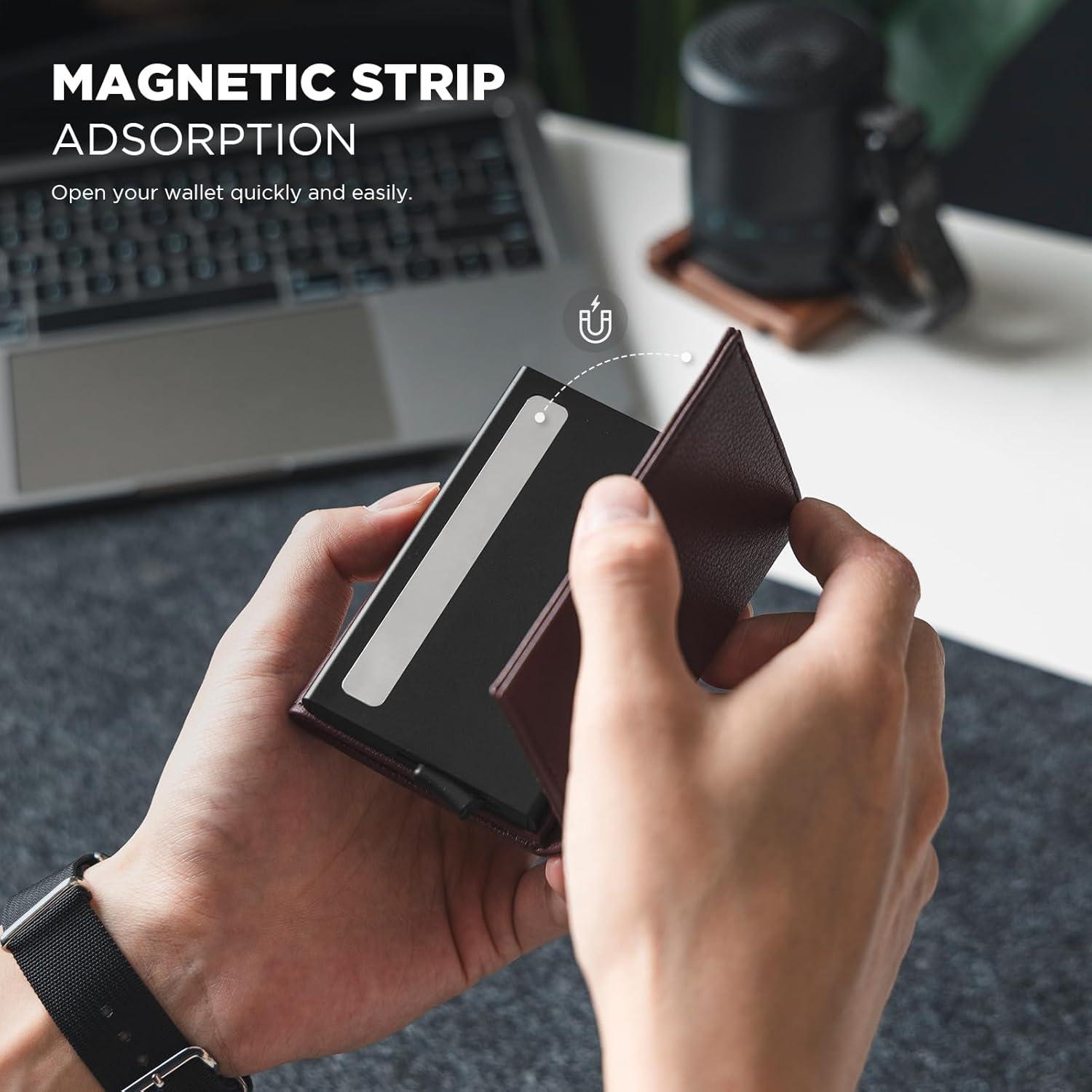 image:imageVULKIT Pop up Card Wallet Minimalist Cash Wallets RFID Blocking Leather Smart Credit Card Holder with ID window for MenTopGrain Cowhide Litchi Espresso