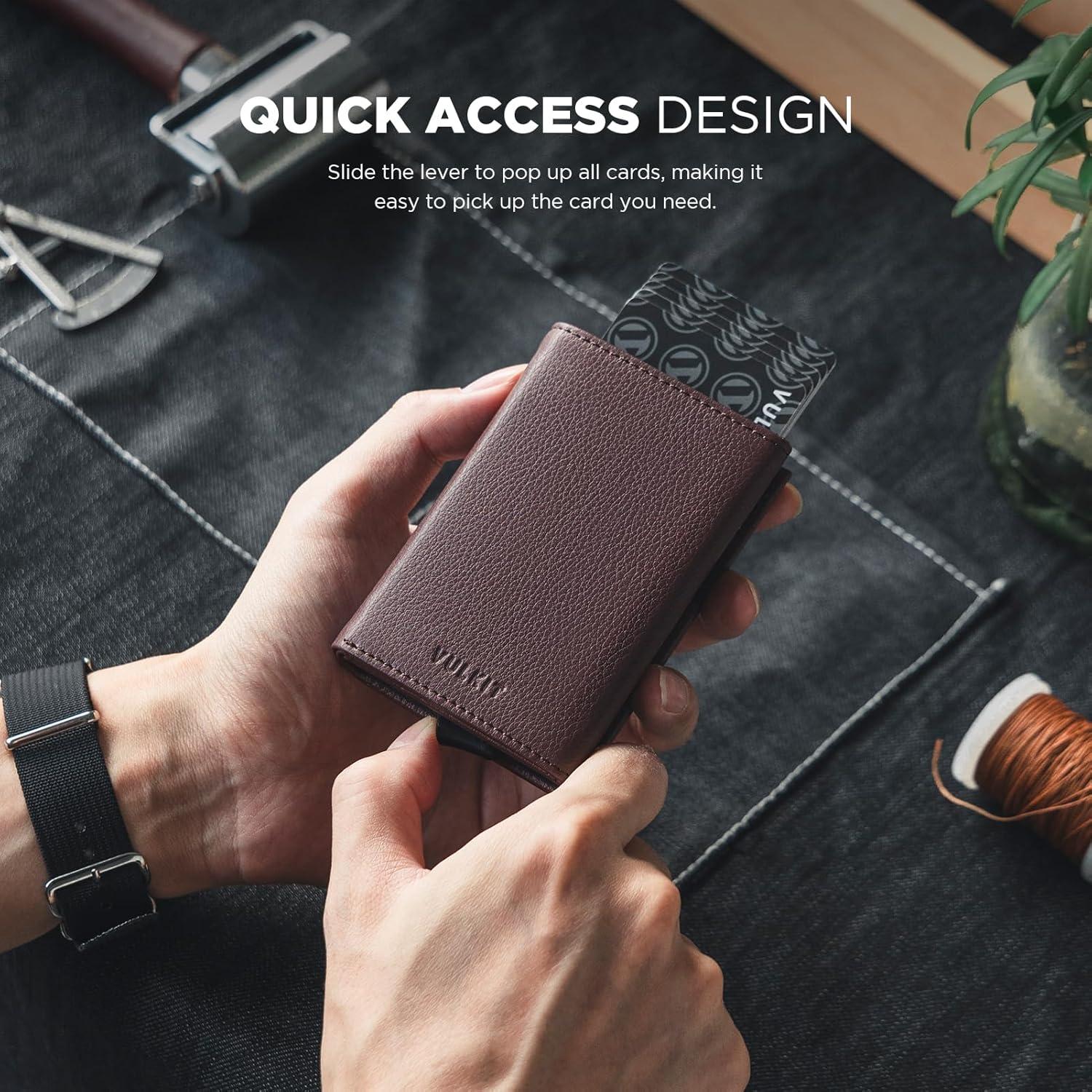 image:imageVULKIT Pop up Card Wallet Minimalist Cash Wallets RFID Blocking Leather Smart Credit Card Holder with ID window for MenTopGrain Cowhide Litchi Espresso
