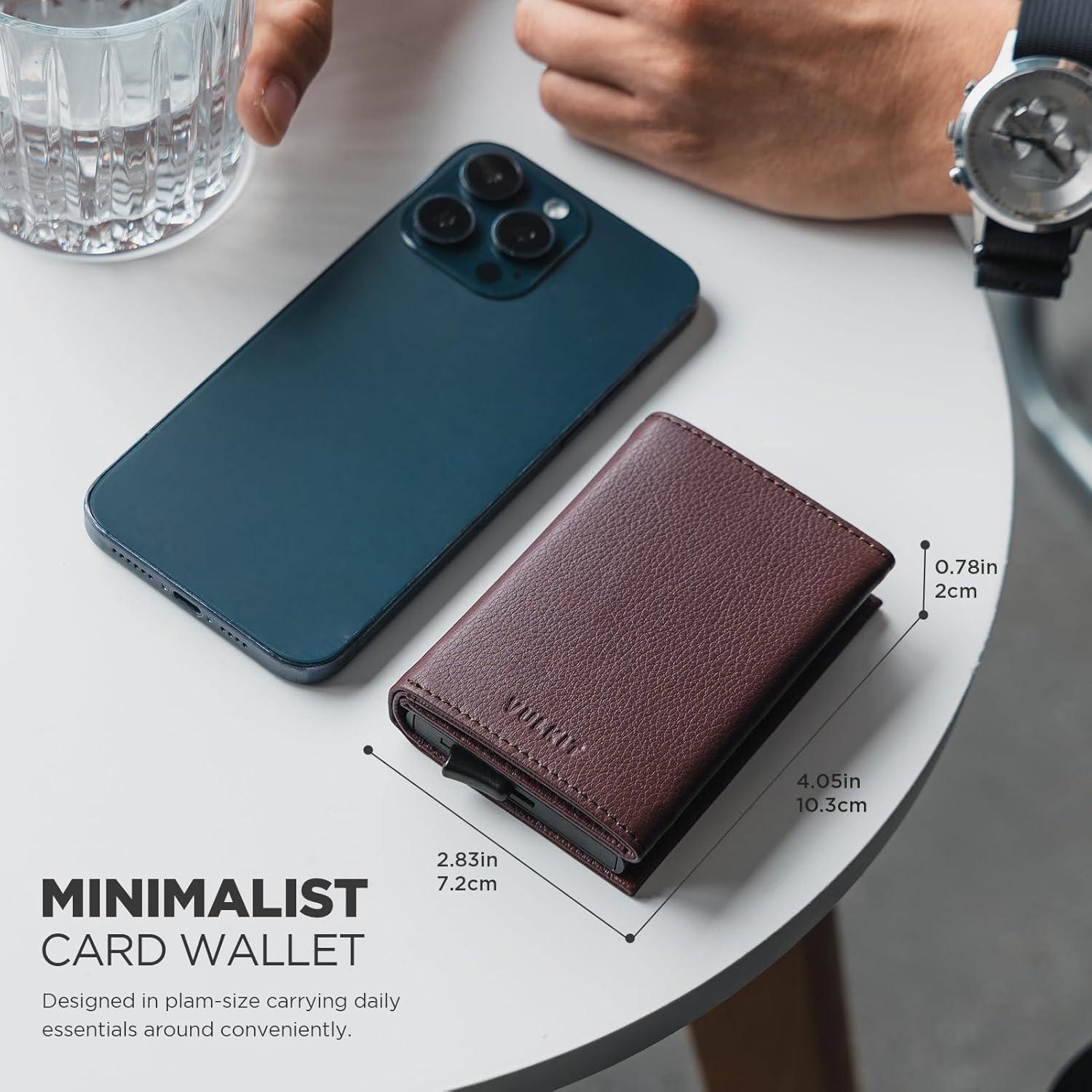 image:imageVULKIT Pop up Card Wallet Minimalist Cash Wallets RFID Blocking Leather Smart Credit Card Holder with ID window for MenTopGrain Cowhide Litchi Espresso