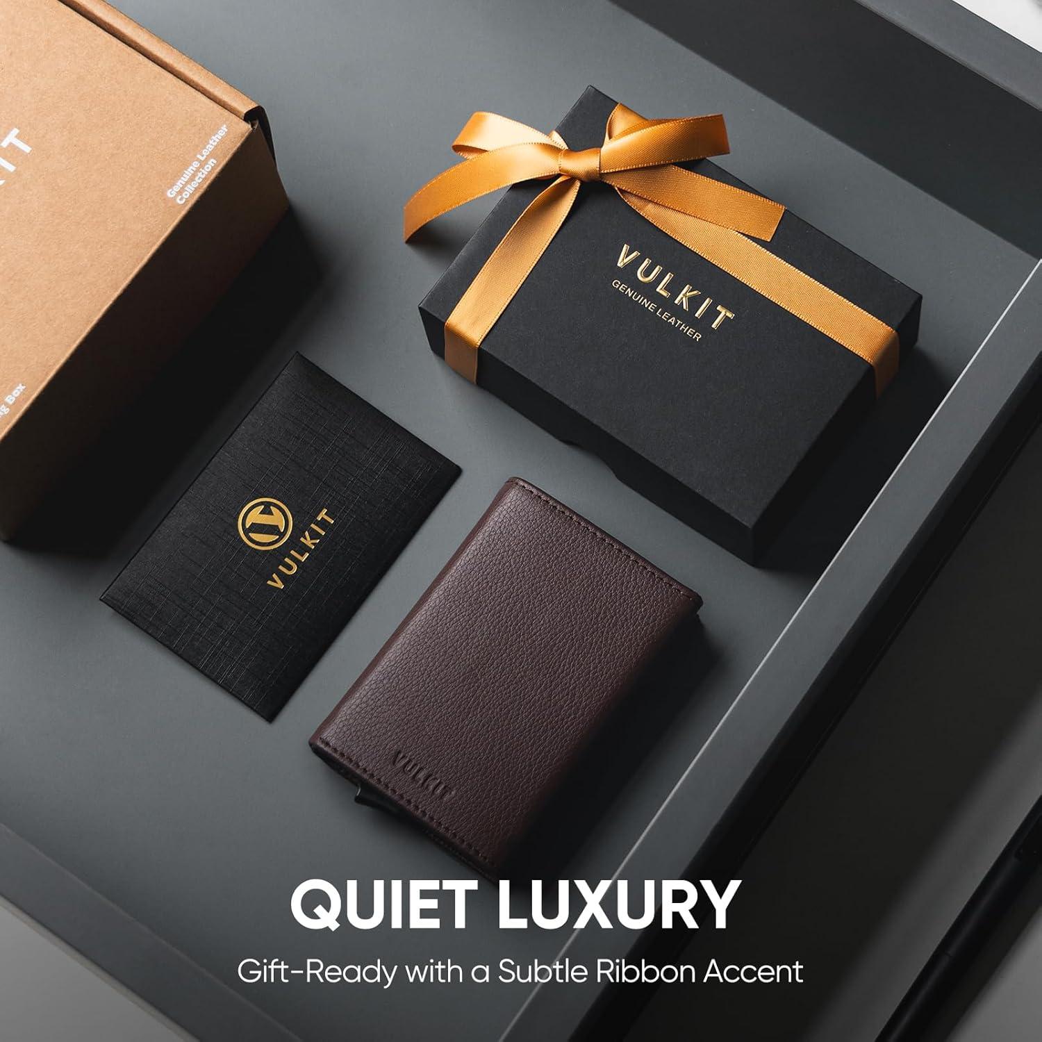 image:imageVULKIT Pop up Card Wallet Minimalist Cash Wallets RFID Blocking Leather Smart Credit Card Holder with ID window for MenTopGrain Cowhide Litchi Espresso