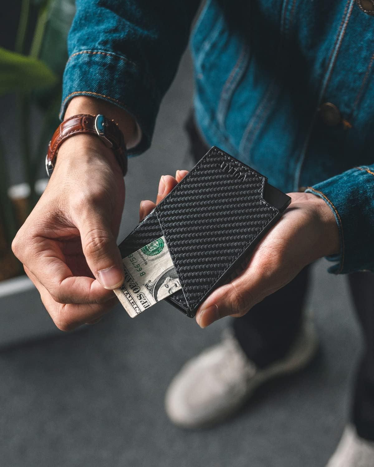 image:imageVULKIT Pop up Card Wallet RFID Blocking Slim Aluminum Metal Bank Card Holder Case with Business Money Pocket for Credit Cards Notes and Coins PinkCarbon Fiber Black