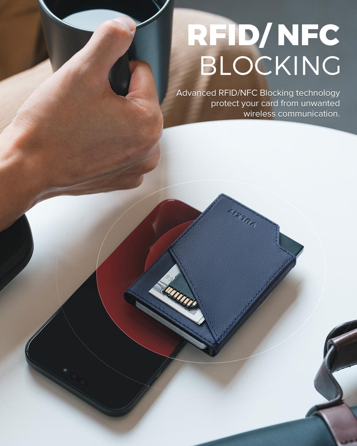 image:imageVULKIT Pop up Card Wallet RFID Blocking Slim Aluminum Metal Bank Card Holder Case with Business Money Pocket for Credit Cards Notes and Coins PinkTopGrain Cowhide Navy