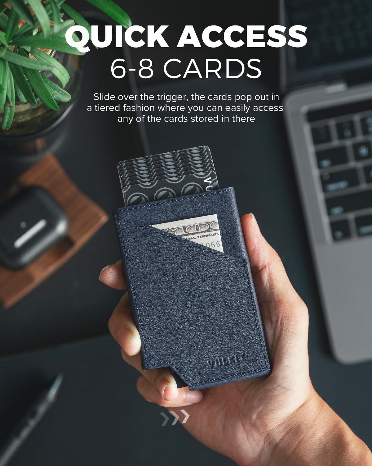 image:imageVULKIT Pop up Card Wallet RFID Blocking Slim Aluminum Metal Bank Card Holder Case with Business Money Pocket for Credit Cards Notes and Coins PinkTopGrain Cowhide Navy