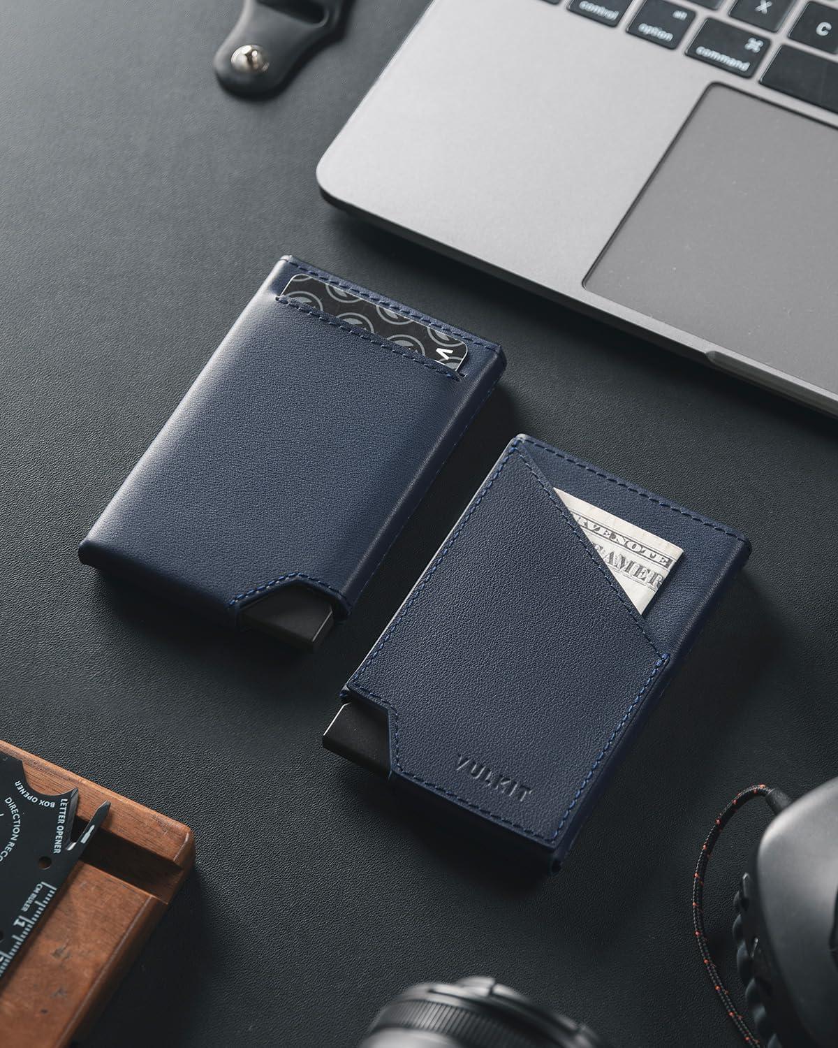 image:imageVULKIT Pop up Card Wallet RFID Blocking Slim Aluminum Metal Bank Card Holder Case with Business Money Pocket for Credit Cards Notes and Coins PinkTopGrain Cowhide Navy