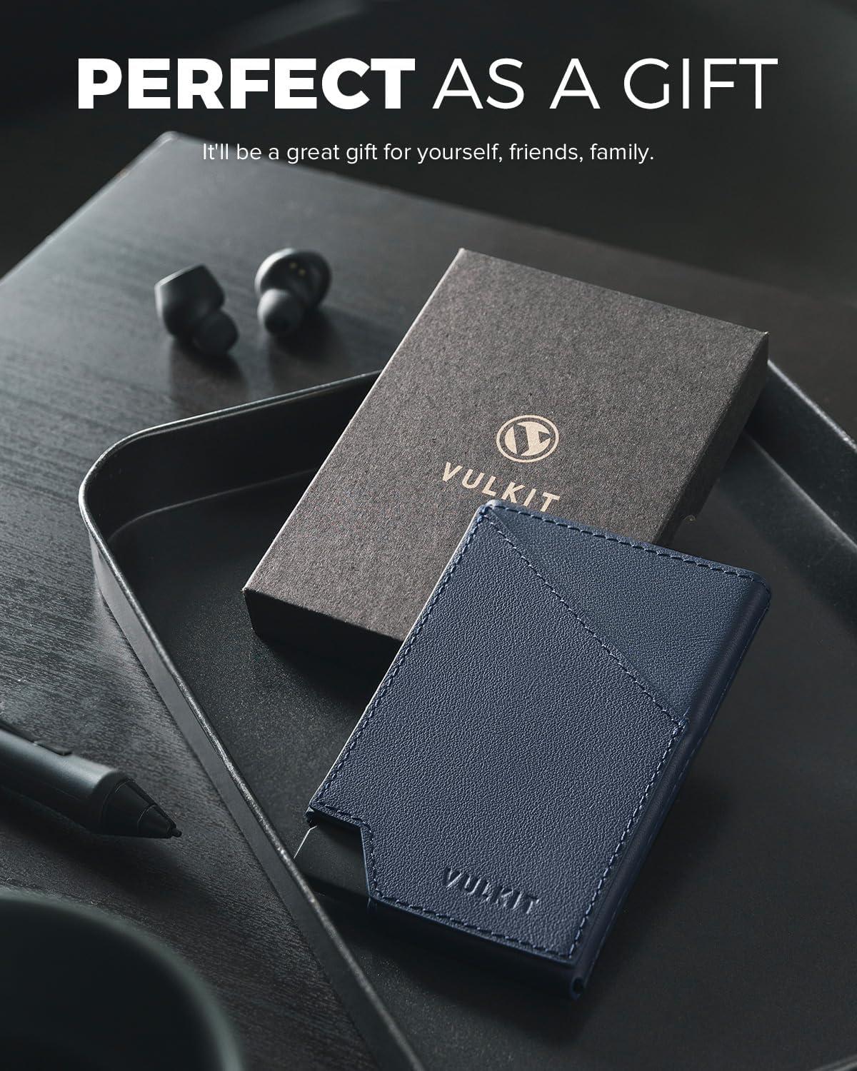 image:imageVULKIT Pop up Card Wallet RFID Blocking Slim Aluminum Metal Bank Card Holder Case with Business Money Pocket for Credit Cards Notes and Coins PinkTopGrain Cowhide Navy