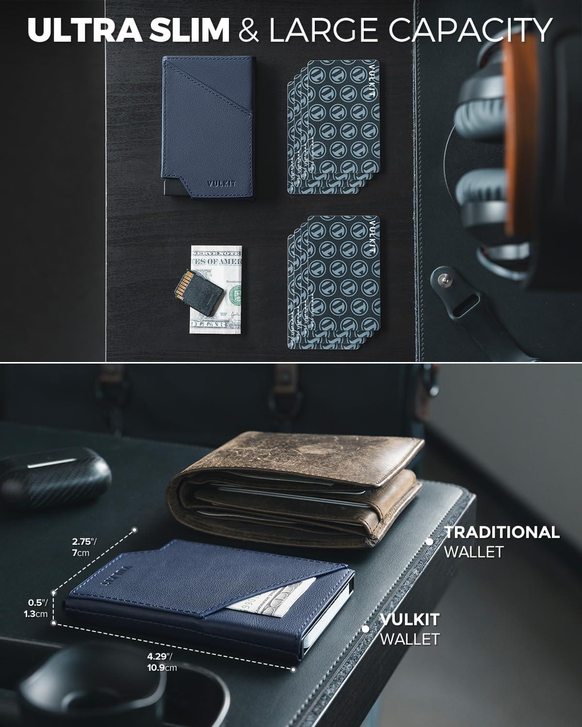 image:imageVULKIT Pop up Card Wallet RFID Blocking Slim Aluminum Metal Bank Card Holder Case with Business Money Pocket for Credit Cards Notes and Coins PinkTopGrain Cowhide Navy