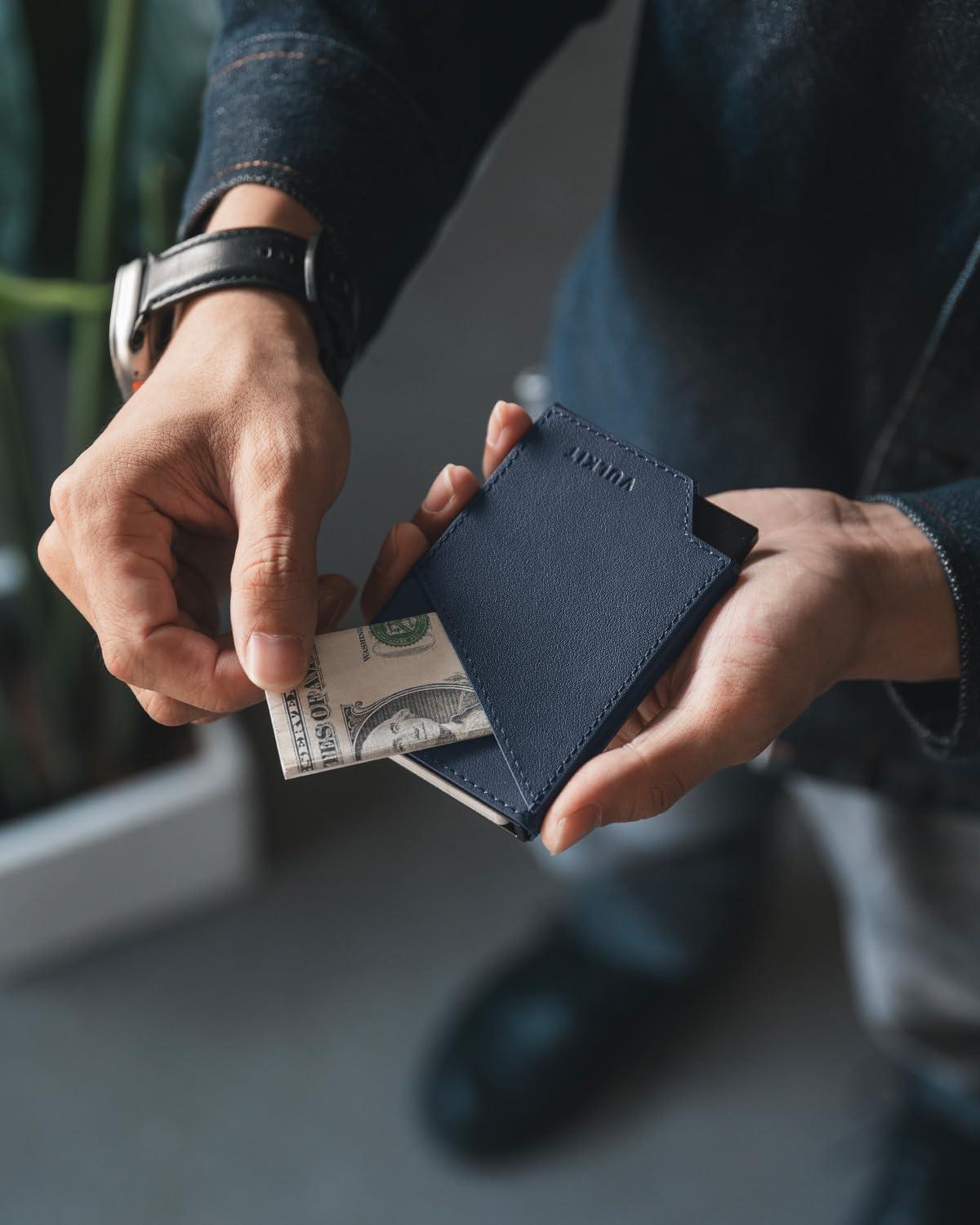 image:imageVULKIT Pop up Card Wallet RFID Blocking Slim Aluminum Metal Bank Card Holder Case with Business Money Pocket for Credit Cards Notes and Coins PinkTopGrain Cowhide Navy