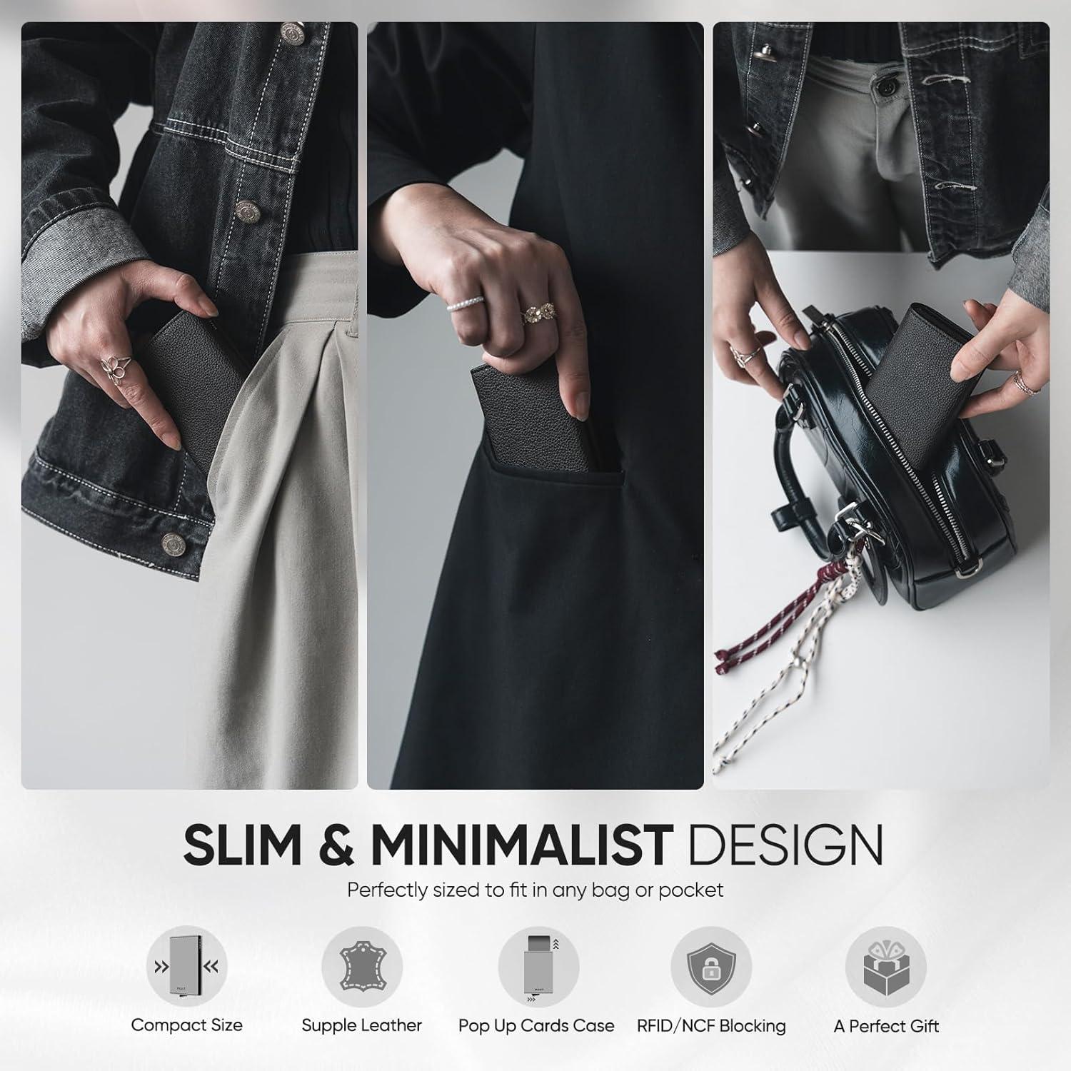 image:imageVULKIT Pop up Wallet Minimalist Cash Wallets RFID Blocking Leather Smart Credit Card Holder with Magnetic Closure for Women LavenderLychee Black