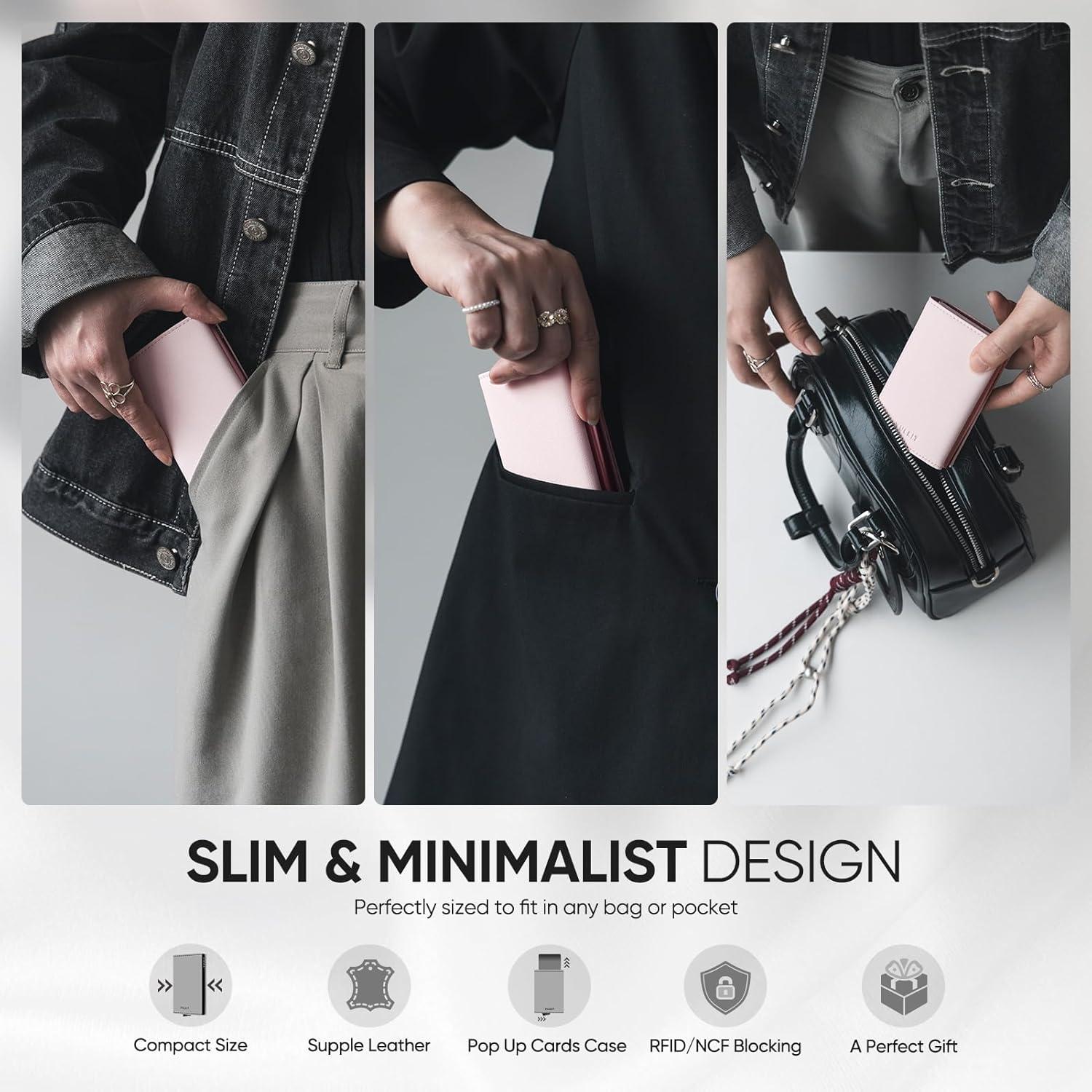 image:imageVULKIT Pop up Wallet Minimalist Cash Wallets RFID Blocking Leather Smart Credit Card Holder with Magnetic Closure for Women LavenderPink