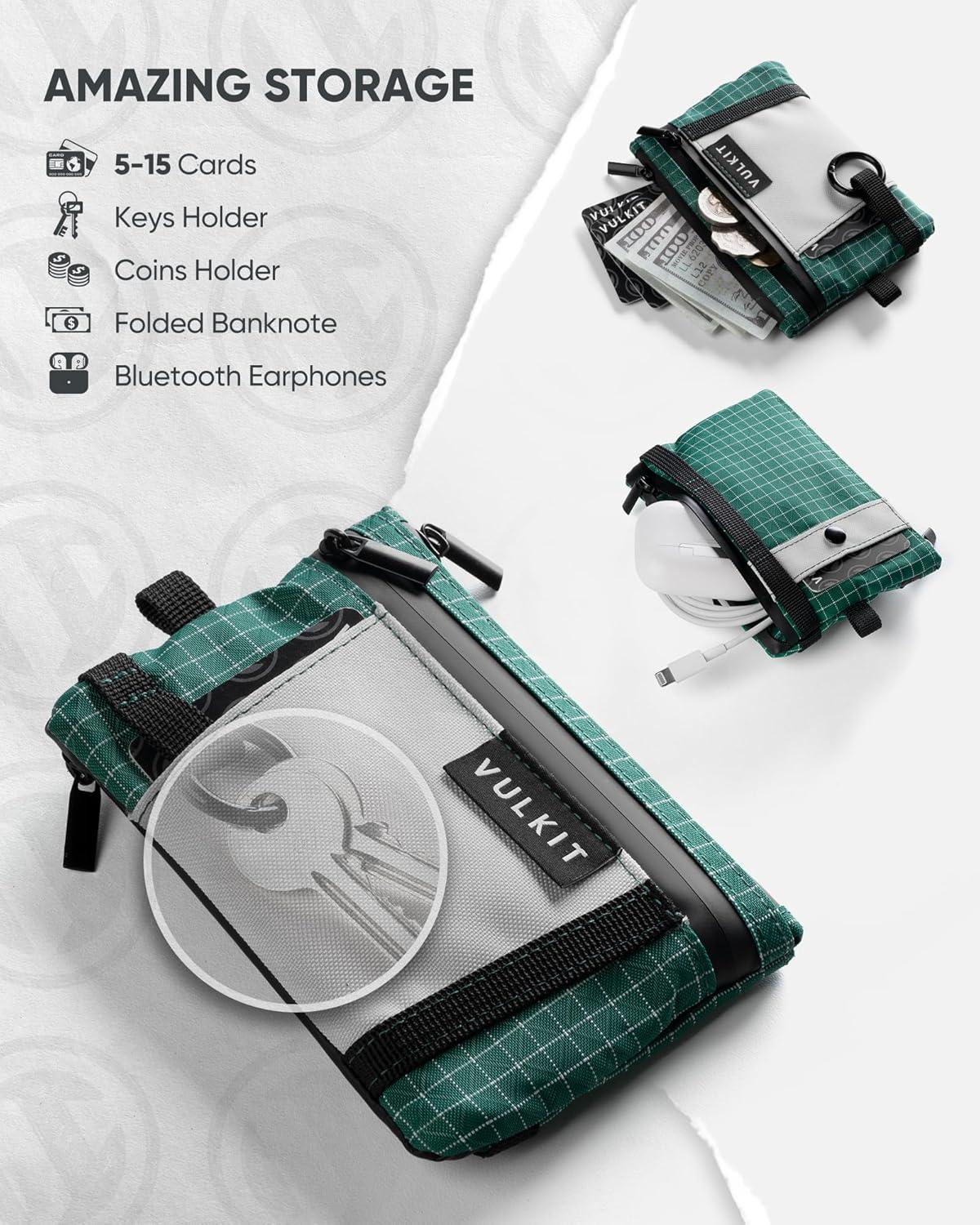 image:imageVULKIT RFID Blocking Lanyard Wallet for Men and Women Zipper Pouch with Keychain Nylon Neck Wallet with Key Ring for Hiking Fishing and Outdoor Activities Midnight NavyForest Green