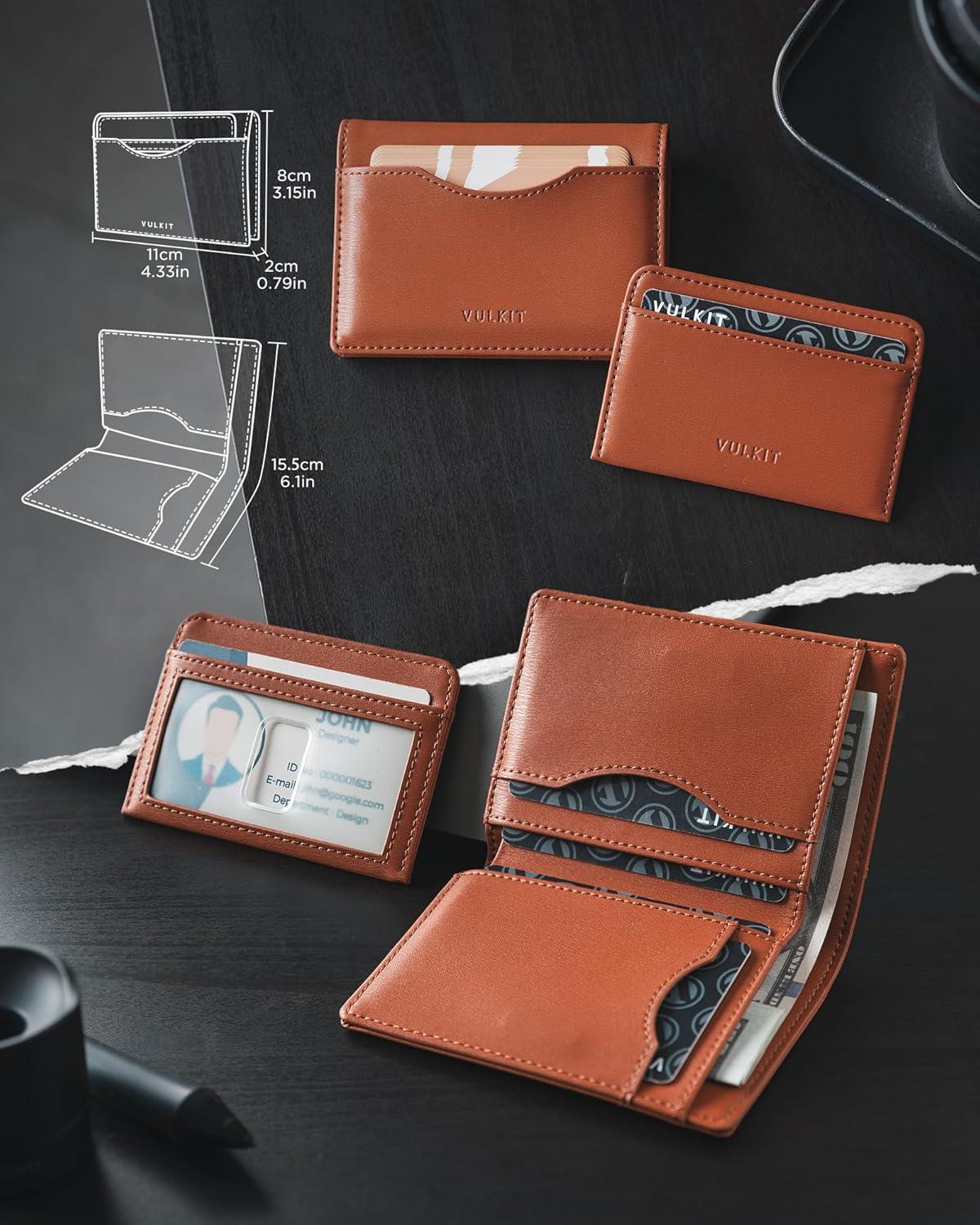 image:imageVULKIT Small Wallet for Men Leather RFID Wallet with Remove ID Window Bifold Mens Wallets with Card Holder Banknote Compartment Credit Card Wallet for Women GreenTan Brown