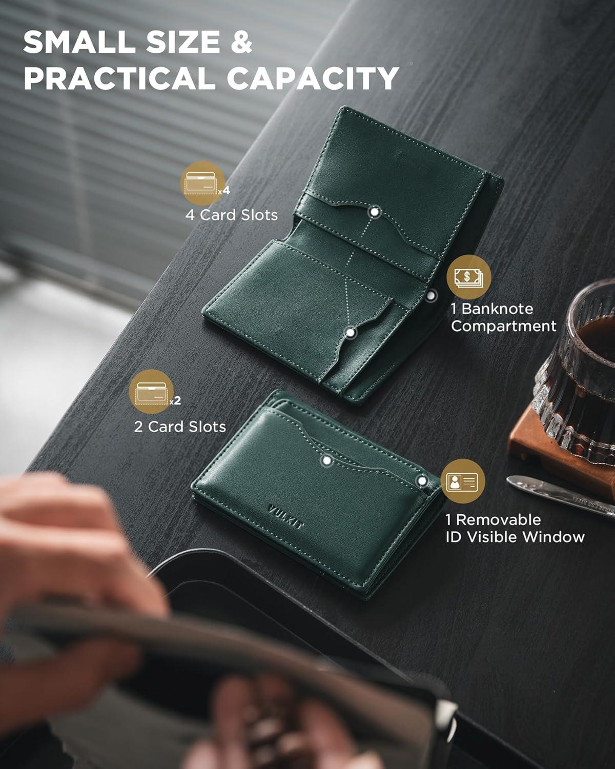 image:imageVULKIT Small Wallet for Men Leather RFID Wallet with Remove ID Window Bifold Mens Wallets with Card Holder Banknote Compartment Credit Card Wallet for Women GreenForest Green