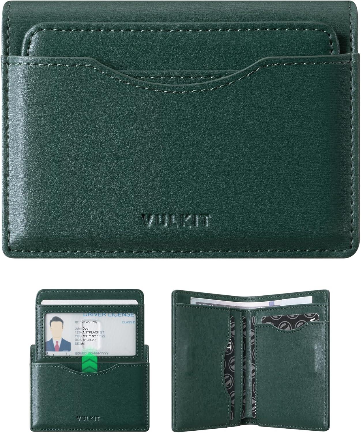 image:imageVULKIT Small Wallet for Men Leather RFID Wallet with Remove ID Window Bifold Mens Wallets with Card Holder Banknote Compartment Credit Card Wallet for Women GreenForest Green