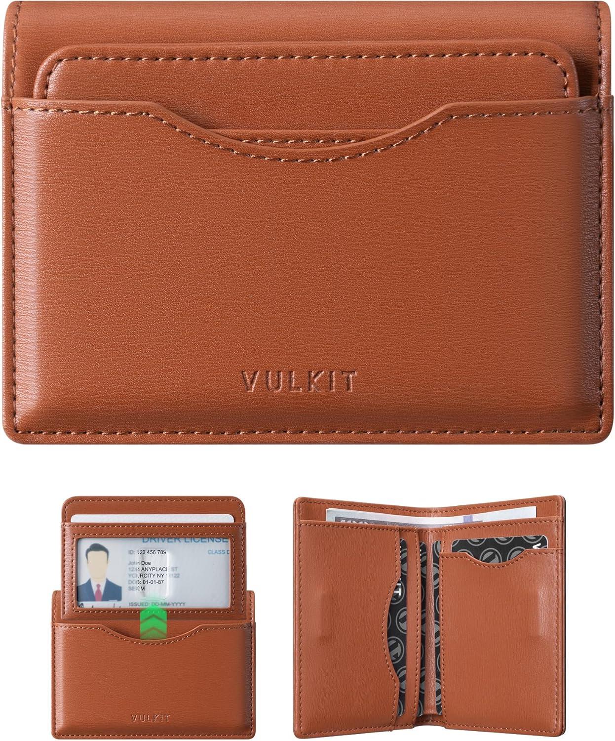 image:imageVULKIT Small Wallet for Men Leather RFID Wallet with Remove ID Window Bifold Mens Wallets with Card Holder Banknote Compartment Credit Card Wallet for Women GreenTan Brown