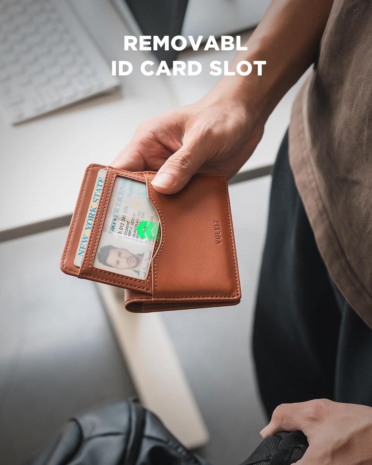image:imageVULKIT Small Wallet for Men Leather RFID Wallet with Remove ID Window Bifold Mens Wallets with Card Holder Banknote Compartment Credit Card Wallet for Women GreenTan Brown