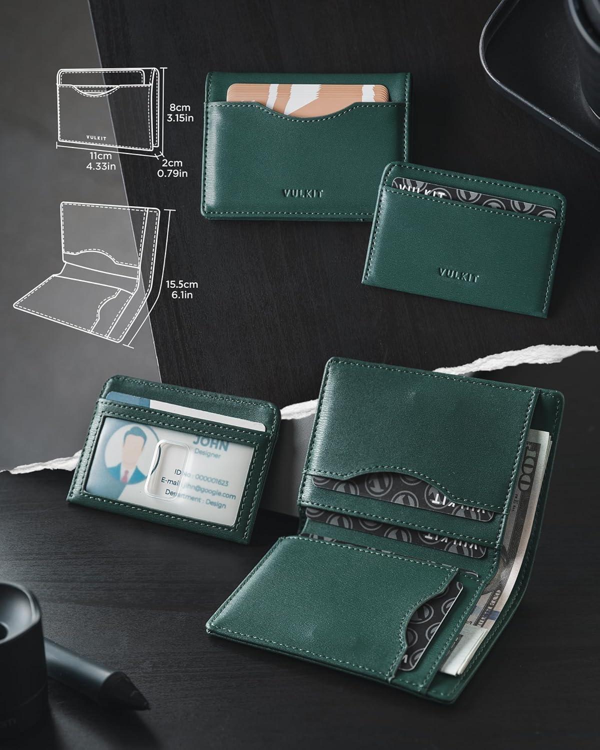 image:imageVULKIT Small Wallet for Men Leather RFID Wallet with Remove ID Window Bifold Mens Wallets with Card Holder Banknote Compartment Credit Card Wallet for Women GreenForest Green