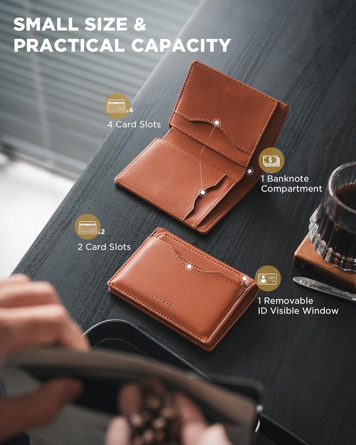 image:imageVULKIT Small Wallet for Men Leather RFID Wallet with Remove ID Window Bifold Mens Wallets with Card Holder Banknote Compartment Credit Card Wallet for Women GreenTan Brown