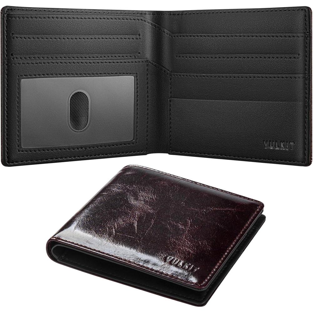 image:imageVULKIT Bifold Wallet Genuine Leather For Men Slim Minimalist Front Pocket RFID Blocking Card Wallet BlackDark Brown