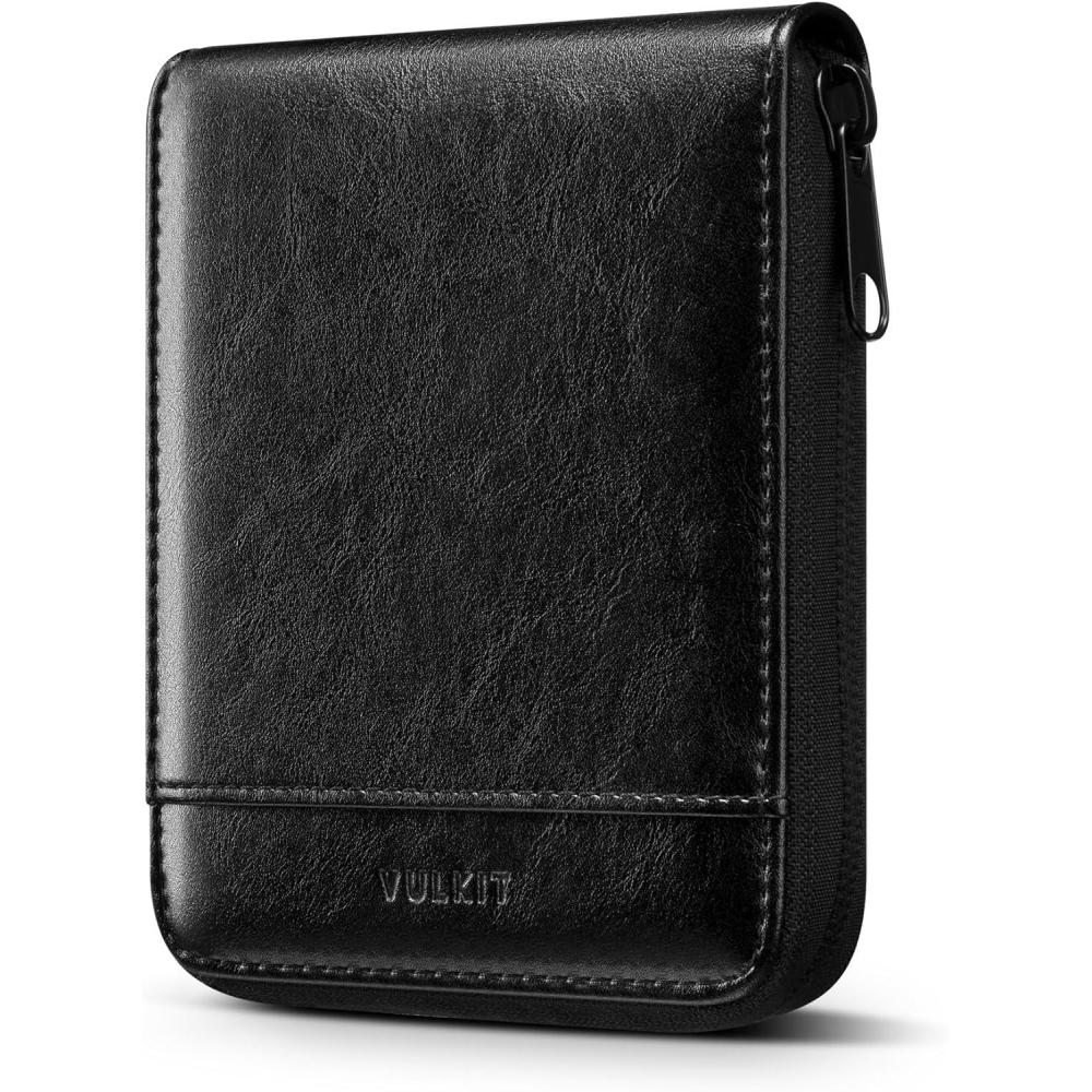 image:imageVULKIT Mens Leather Large Bifold Wallet with Zipper Closure 12 Card Slots ID Window Coin Pocket Coffee BrownBlack