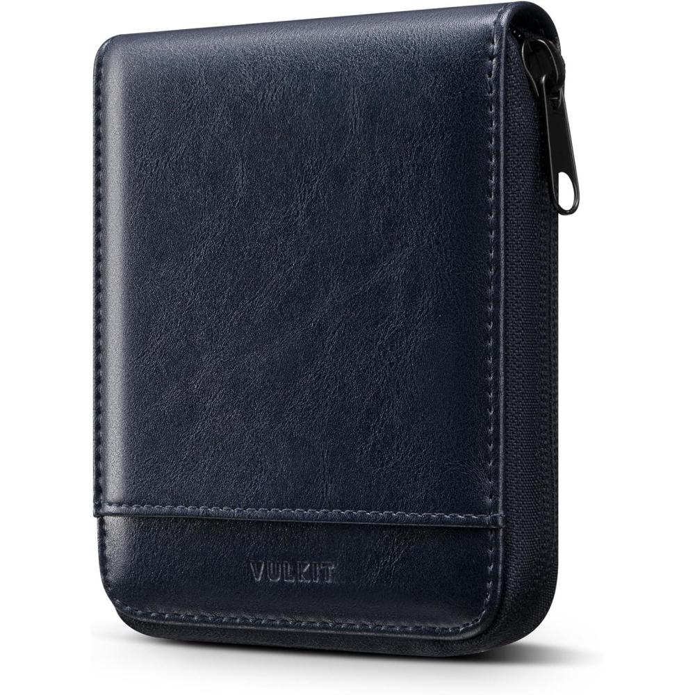 image:imageVULKIT Mens Leather Large Bifold Wallet with Zipper Closure 12 Card Slots ID Window Coin Pocket Coffee BrownBlue