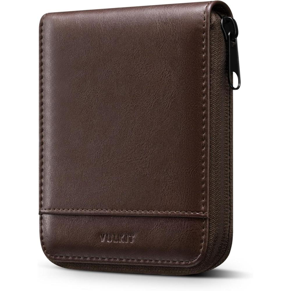 image:imageVULKIT Mens Leather Large Bifold Wallet with Zipper Closure 12 Card Slots ID Window Coin Pocket Coffee BrownBrown