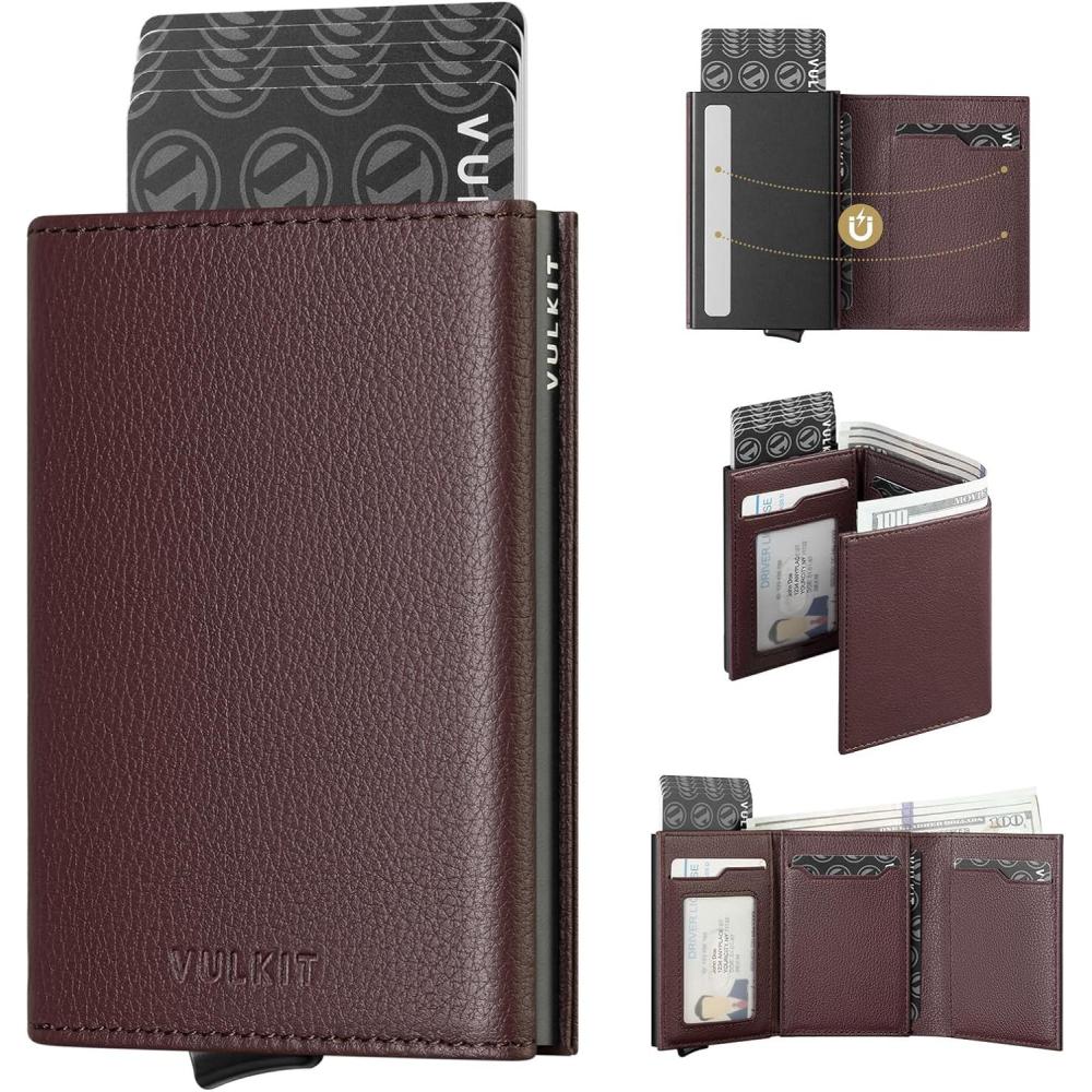 image:imageVULKIT Pop up Card Wallet Minimalist Cash Wallets RFID Blocking Leather Smart Credit Card Holder with ID window for MenTopGrain Cowhide Litchi Espresso