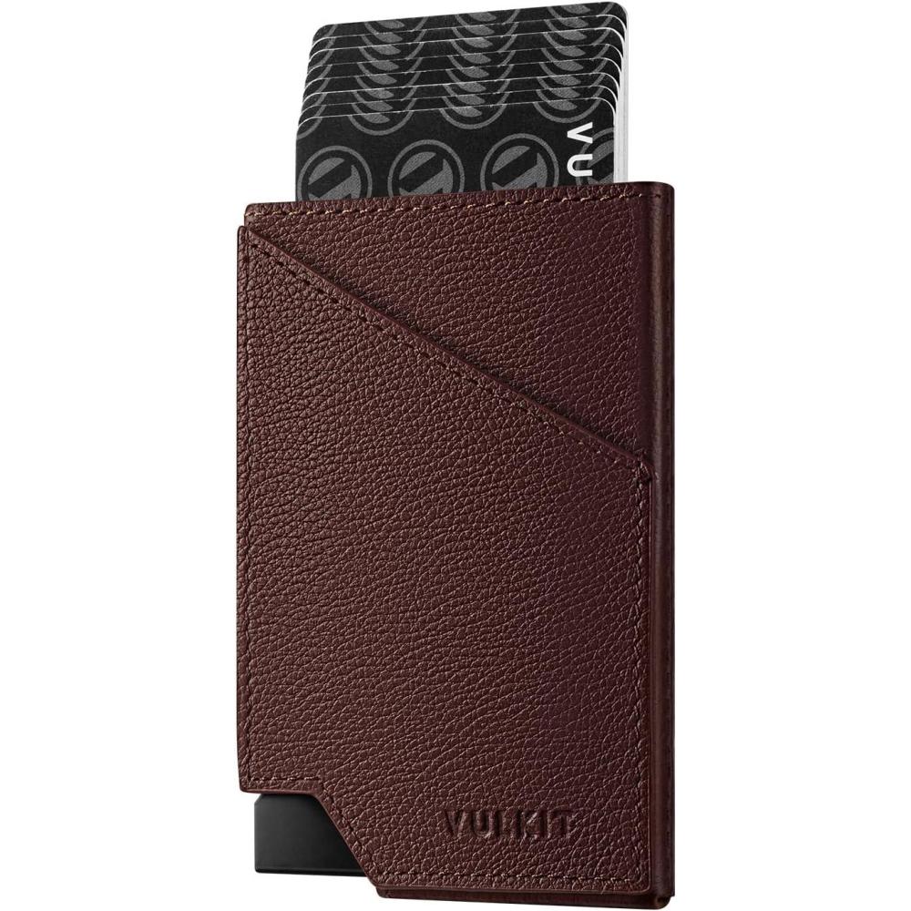 image:imageVULKIT Pop up Card Wallet RFID Blocking Slim Aluminum Metal Bank Card Holder Case with Business Money Pocket for Credit Cards Notes and Coins PinkLitchi Espresso