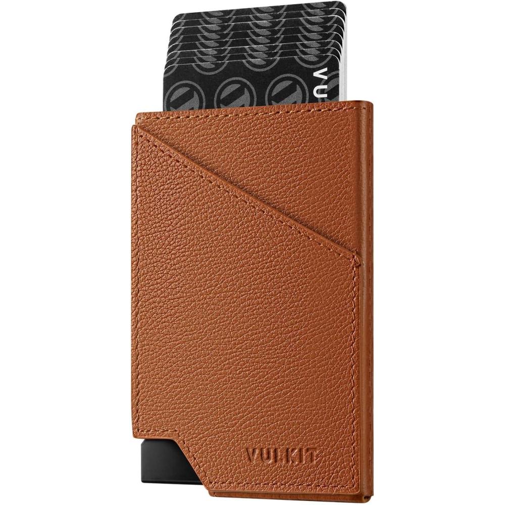 image:imageVULKIT Pop up Card Wallet RFID Blocking Slim Aluminum Metal Bank Card Holder Case with Business Money Pocket for Credit Cards Notes and Coins PinkLitchi Brown