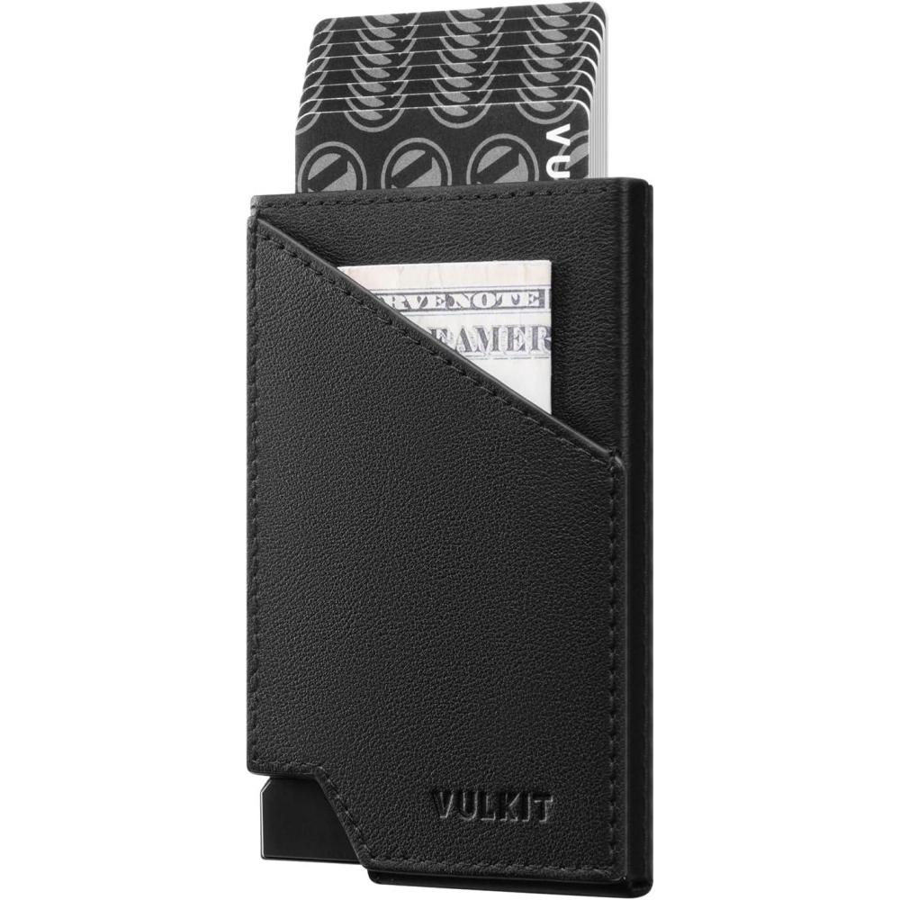 image:imageVULKIT Pop up Card Wallet RFID Blocking Slim Aluminum Metal Bank Card Holder Case with Business Money Pocket for Credit Cards Notes and Coins PinkTopGrain Cowhide Black