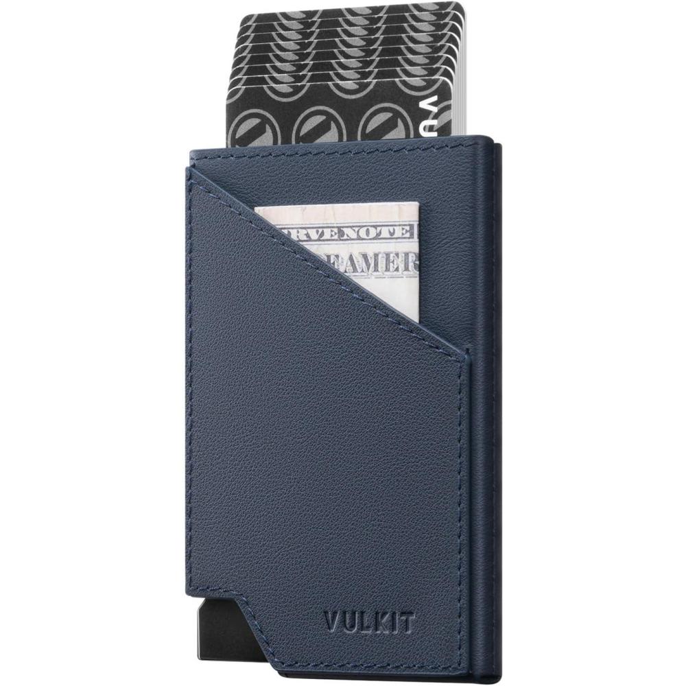 image:imageVULKIT Pop up Card Wallet RFID Blocking Slim Aluminum Metal Bank Card Holder Case with Business Money Pocket for Credit Cards Notes and Coins PinkTopGrain Cowhide Navy
