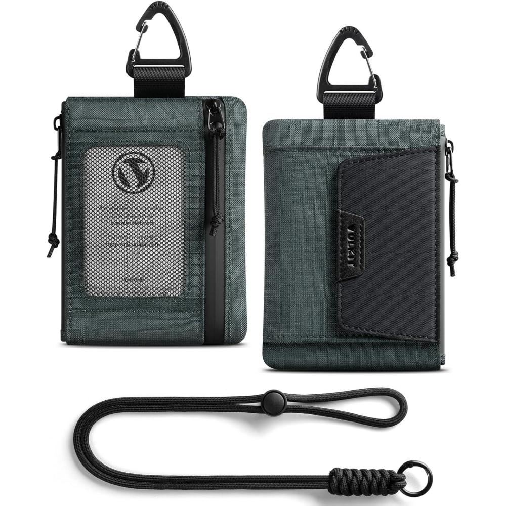 image:imageVULKIT RFID Blocking Lanyard Wallet for Men and Women Nylon Neck Wallet with ID Window Zipper Pouch and Keychain Magnetic Pocket for Hiking Fishing and Outdoor Activities Carbon BlackSlate Green