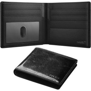 VULKIT Bifold Wallet Genuine Leather For Men Slim Minimalist Front Pocket RFID Blocking Card Wallet Black(Black)