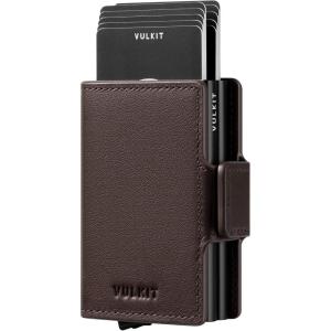 VULKIT Credit Card Holder RFID Blocking Leather Automatic Pop Up Wallet Magnetic Wallet Double Card Case for Men and Women(Genuine Leather Nappa Espresso)