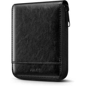 VULKIT Mens Leather Large Bifold Wallet with Zipper Closure, 12 Card Slots, ID Window, Coin Pocket, Coffee Brown(Black)
