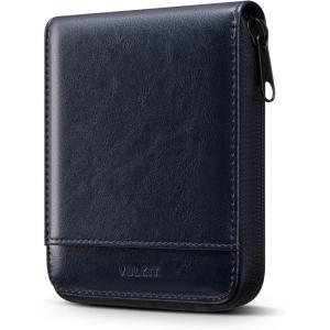 VULKIT Mens Leather Large Bifold Wallet with Zipper Closure, 12 Card Slots, ID Window, Coin Pocket, Coffee Brown(Blue)