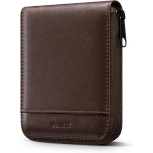 VULKIT Mens Leather Large Bifold Wallet with Zipper Closure, 12 Card Slots, ID Window, Coin Pocket, Coffee Brown(Brown)