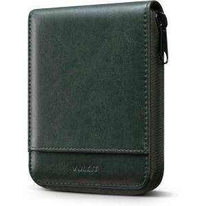 VULKIT Mens Leather Large Bifold Wallet with Zipper Closure, 12 Card Slots, ID Window, Coin Pocket, Coffee Brown(Green)