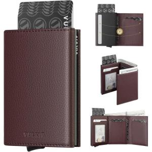 VULKIT Pop up Card Wallet Minimalist Cash Wallets RFID Blocking Leather Smart Credit Card Holder with ID window for Men(Top-Grain Cowhide Litchi Espresso)